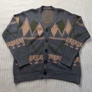 Cardigan Sweater Grunge Vintage 90's Style Geometric Men's Medium Skater Gray